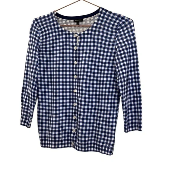 TALBOTS Gingham Cardigan Tank Blue Sweater - Picture 3 of 12